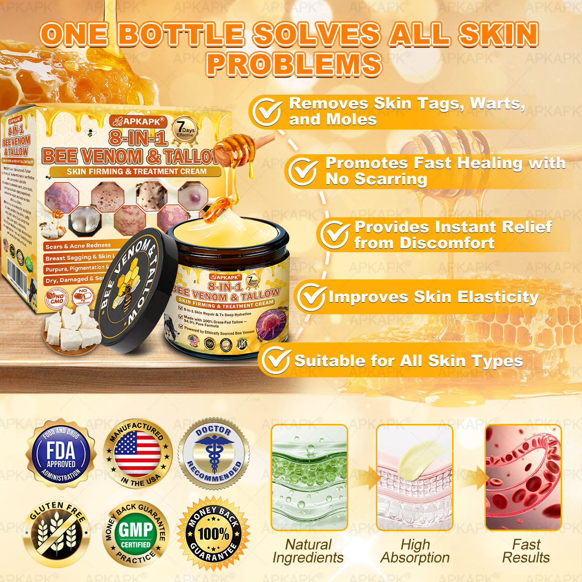 Official Store | 𝐀𝐏𝐊𝐀𝐏𝐊® 𝟖-𝐈𝐧-𝟏 𝐁𝐞𝐞 𝐕𝐞𝐧𝐨𝐦 & 𝐓𝐚𝐥𝐥𝐨𝐰 𝐒𝐤𝐢𝐧 𝐅𝐢𝐫𝐦𝐢𝐧𝐠 & 𝐓𝐫𝐞𝐚𝐭𝐦𝐞𝐧𝐭 𝐂𝐫𝐞𝐚𝐦 (Effective Within 7 Days)Bee Venom + Tallow · 7X Deep Hydration, targets wrinkles, sagging, stretch marks, dark spots, purpura, inflammations and more